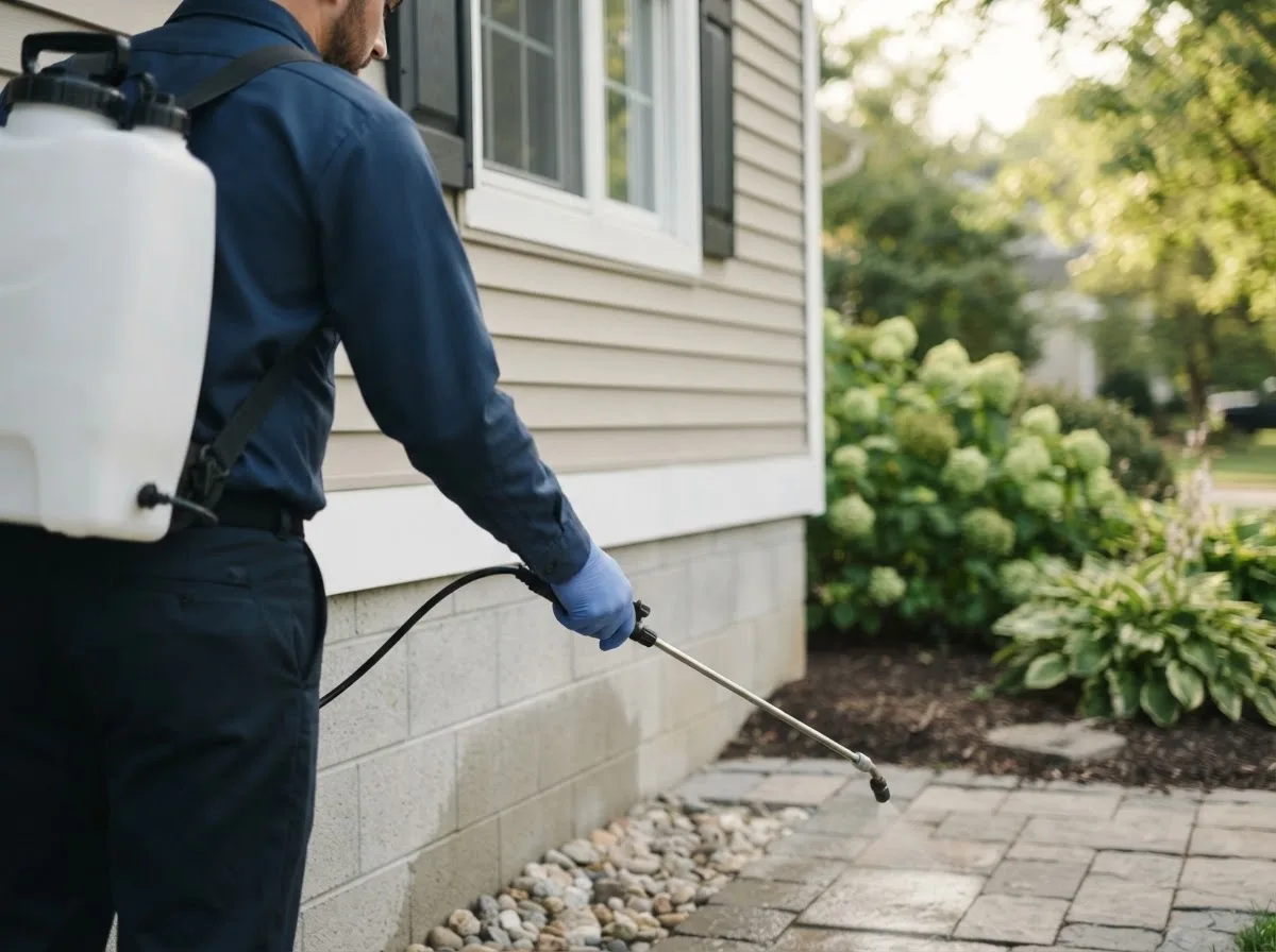 Pest control technician inspecting a home in Earling, IA
